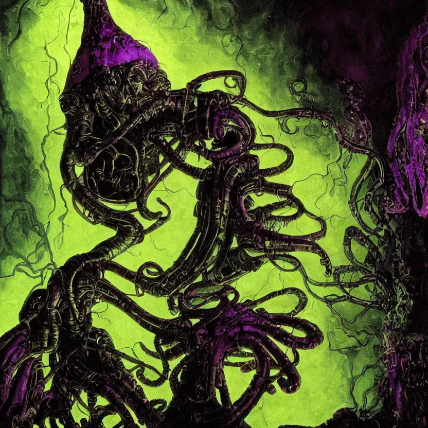 Prompt: a close - up view portrait of a silhouetted supernatural wizard in baroque neoclassicist halls with metallic alien technology. close - up view, detailed textures. glowing green and purple fog, dark black background. highly detailed fantasy science fiction painting by moebius, norman rockwell, frank frazetta, and syd mead. rich colors, high contrast