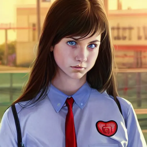 Image similar to portrait of a brunette thin teenager girl with blue eyes wearing school uniform in gta 5, light stubble with red shirt, inside modern school ,digital art,photorealistoc,art by greg rutkowski,hyperdetailed,western comic style,comic,comic style,sharp lineart,professional lighting,deviantart,artstation,trevor henderson,rossdtaws,cinematic,dramatic