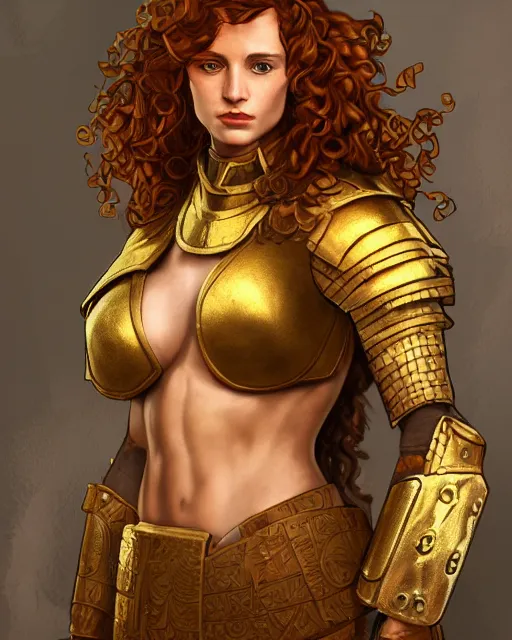 Image similar to Hyper realistic portrait of a strong female fighter with beautiful curly shiny copper hair and broad shoulders, she is from Troy and wears a golden armor, high contrast, artwork in the style of Alphones Mucha and Takumi Nagayasu and Dan Dos Santos, trending on artstation