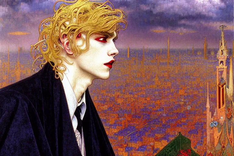 Image similar to realistic extremely detailed closeup portrait painting of an elegant blond male vampire in a cape, detailed crowded city street on background by Jean Delville, Amano, Yves Tanguy, Ilya Repin, Alphonse Mucha, William Holman Hunt, Ernst Haeckel, Edward Robert Hughes, Roger Dean, rich moody colours