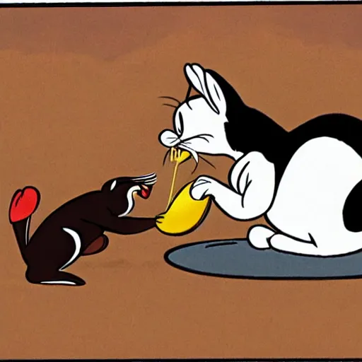 Image similar to bugs bunny being eaten by a mountain lion, animated, old cartoon style