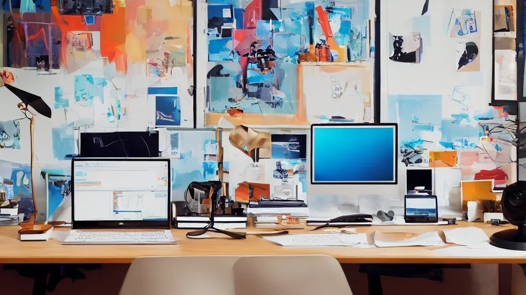 Image similar to the desk of a famous web designer working with apple computer, stylized retro minimalist design, loftis, cory behance hd, by moebius, makoto shinkai and lois van baarle, ilya kuvshinov, rossdraws global illumination