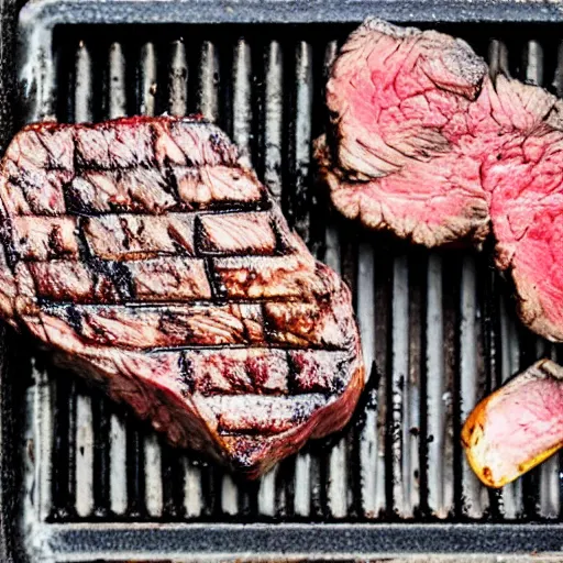 Image similar to a steak cooking on a charcoal grill