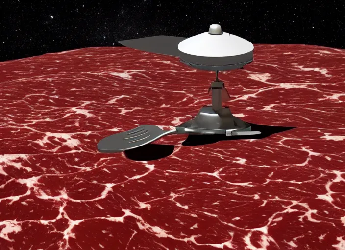 Image similar to NASA's Culinarity rover probes the surface of the meat planet with knives and forks, high resolution space probe photograph from the surface of a newly discovered planet made of pork