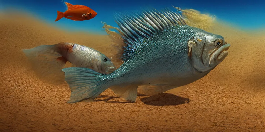 Image similar to fish running in the desert, highly detailed, 8 k, masterpiece, super resolution.