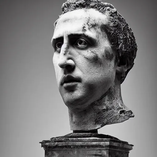 Prompt: Award-winning photograph by Chema Madoz. The photo depicts a decaying roman bust of Nicolas Cage at the bottom of the sea. Black and white, minimalism, high definition, perfect composition. Deep sea picture. Very dark. Volumetric lighting. Fisch.