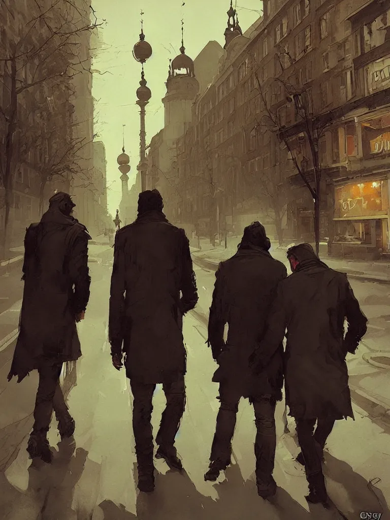 Prompt: three men friends on the old berlin street, book cover style, by greg rutkowski, greg manchess, grunge aesthetic