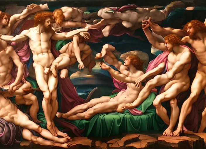 Image similar to Evelyn De Morgan, michelangelo's The Creation of Adam masterpiece, highly detailed, beautiful, epic lighting, wide angle, trending on ArtStation, ultra realistic