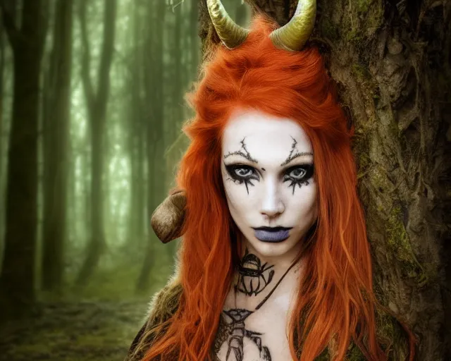 Image similar to 5 5 mm portrait photo of an armored gorgeous anesthetic redhead woman warrior with a face tattoo and horns growing from her head, in a magical forest. by luis royo. highly detailed 8 k. intricate. lifelike. soft light. nikon d 8 5 0. cinematic post - processing