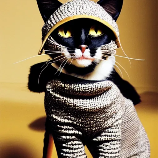 Image similar to cat wearing clothes made by alexander mcqueen