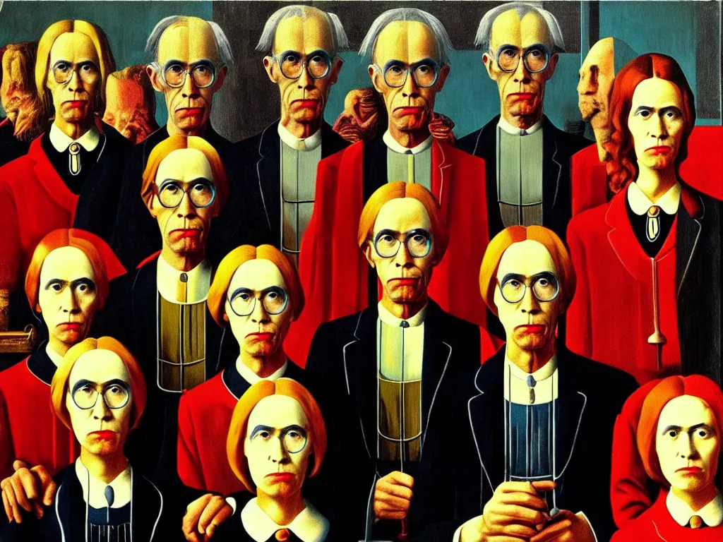 Image similar to crowded last supper american gothic painting magritte, renaissance, detailed faces, in the style of Andy Warhol pop art