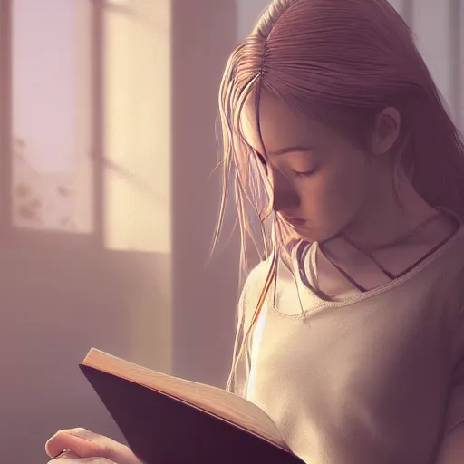 Prompt: a girl reading a book, her hair flowing down, concept style, trending on artstation, concept art, detailed, octane render, cinematic, photo-realistic, 8k, high detailed