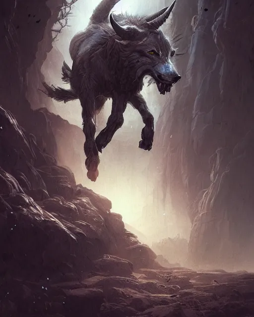 Prompt: A minotaur as a wolf, terrifying face, fantasy art, monster art, in the style of greg rutkowski, illustration, epic, fantasy, intricate, hyper detailed, artstation, concept art, smooth, sharp focus, ray tracing