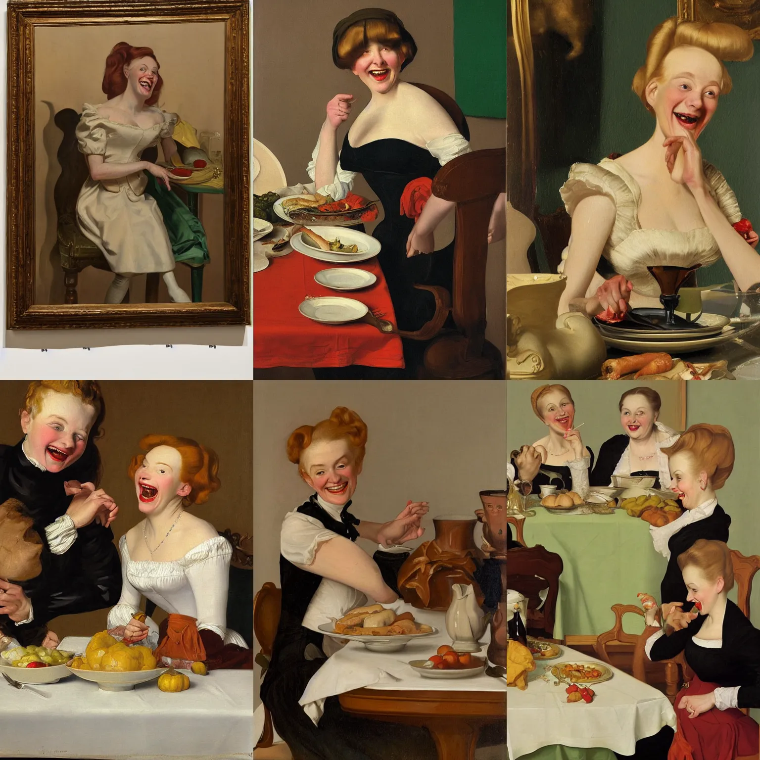 Prompt: a painting by John Currin of a victorian woman laughing at the dinner table