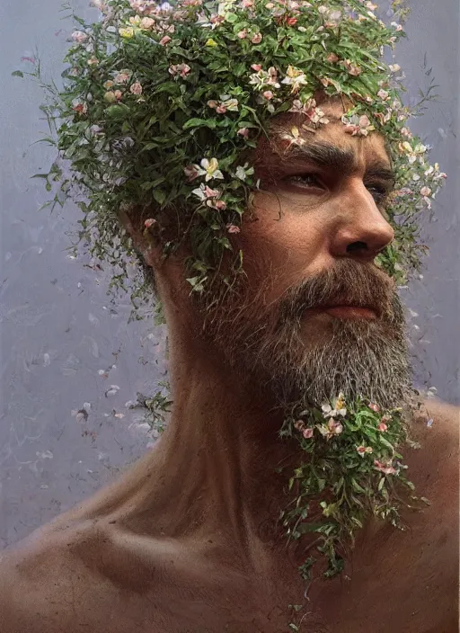 Image similar to a man with a flowery bush instead of a head, intricate roots, highly detailed, concept art, hyperrealistic, oil painting by greg staples, 8 k