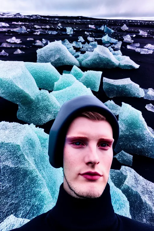 Image similar to high quality pastel coloured film wide angle selfie photograph of an male cyber model standing in an icelandic black rock environment. three point light. photographic. art directed. pastel colours. volumetric light. stark. waves glitch. 8 k. filmic.