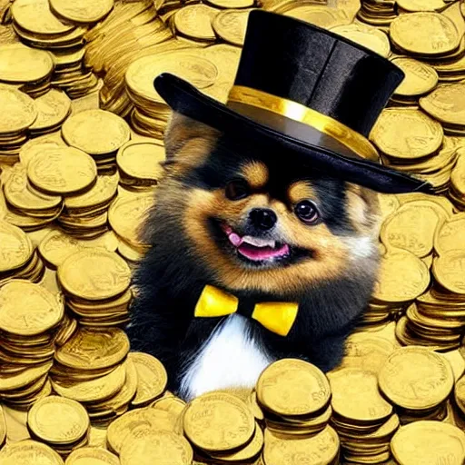 Image similar to A pomeranian wearing a top-hat and a monocle, sitting on top of a large pile of gold coins