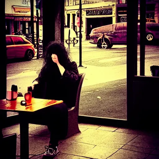 Image similar to death from the'the sandman'waiting for a friend at a cafe, realistic, soft lighting, cute, kindness