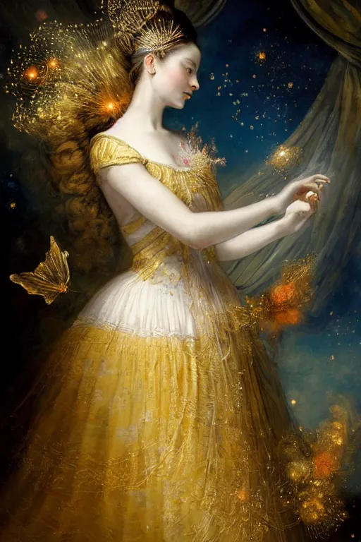 Prompt: breathtaking detailed soft painting of the night queen of mozart with a golden headpiece, gauze dress draped of fireflies and constellations and nebulae in the background, rembrandt style, elegant, highly detailed, artstation, concept art, matte, sharp focus, art by tom bagshaw, casimir art, kelogsloops and greg rutkowski