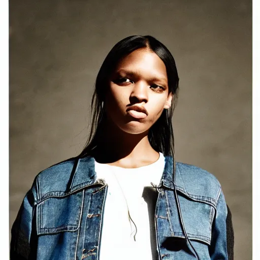 Image similar to realistic photo for a new sacai emil lookbook color film photography portrait of a beautiful woman model, model wears a black paneled denim jacket, photo in style of tyler mitchell