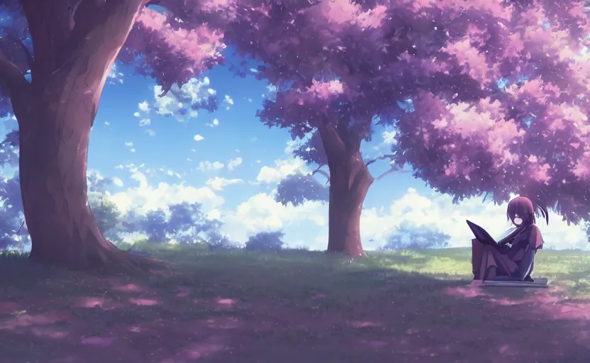 Prompt: An anime girl sitting under a tree, reading a book, anime scenery by Makoto Shinkai, digital art
