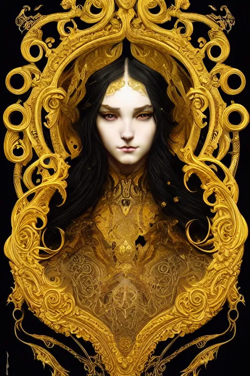 Image similar to beautiful black yellow, complicated gold the baroque style decoration, dark fantasy, intricate, elegant, highly detailed, digital painting, artstation, concept art, matte, 3 d 8 k octane rendered, sharp focus, illustration, octane rendered, art by artgerm and alphonse mucha, leesha hannigan, ross tran