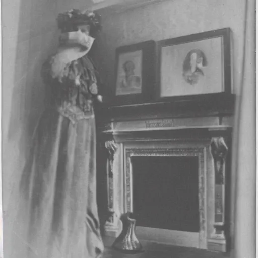 Image similar to photograph from 1900 of a ghost in a mansion. Black and white. Film.