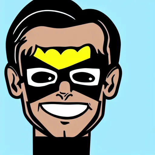 Image similar to pop art cartoon style, handsome, superhero, male with sharp chin, big smile, cartoon network, portrait