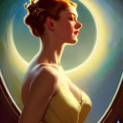 Image similar to eye of the dreaming worlds, medium shot, intricate, ornate, elegant, highly detailed, digital painting, volumetric light,, artstation, concept art, smooth, sharp focus, illustration, art by Gil elvgren and charlie bowater and greg rutkowski and alphonse mucha