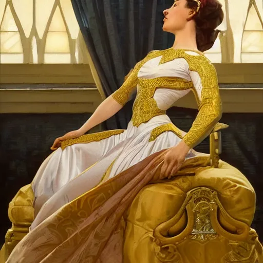 Image similar to kneeling before a condescending queen, sitting in a chair while posing for a photo, royal gown, golden detailing, medium shot, intricate, elegant, highly detailed, digital painting, volumetric light, artstation, concept art, smooth, sharp focus, illustration, art by Gil Elvgren and Greg Rutkowski and Alphonse Mucha, 8K