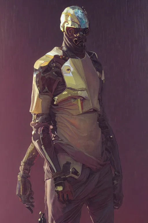 Image similar to a full body portrait oil painting illustration of an african man by justin sweet and greg rutkowski and alphonse mucha with face and body clearly visible, techwear, futuristic, cyberpunk, artstation trending, high quality, sombre mood, artstation trending, abstract colours, no crop, entire character!,