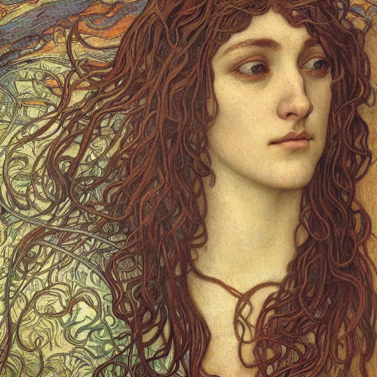 Image similar to detailed realistic beautiful young medieval queen face portrait by jean delville, alphonse mucha, vincent van gogh, and marco mazzoni, art nouveau, symbolist, visionary, gothic, pre - raphaelite