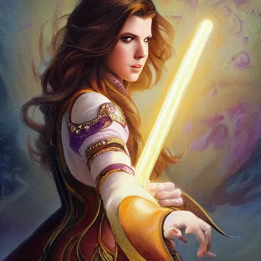 Image similar to anna kendrick holding a glowing wand in one hand and a large leather bound book, fantasy, intricate, elegant, highly detailed, digital painting, artstation, concept art, matte, sharp focus, illustration, in the style of magic the gathering, art by artgerm and greg rutkowski and alphonse mucha