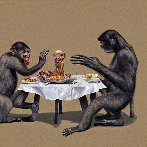 Image similar to digital art painting of a dissected monkey being eaten for dinner by an elderly man