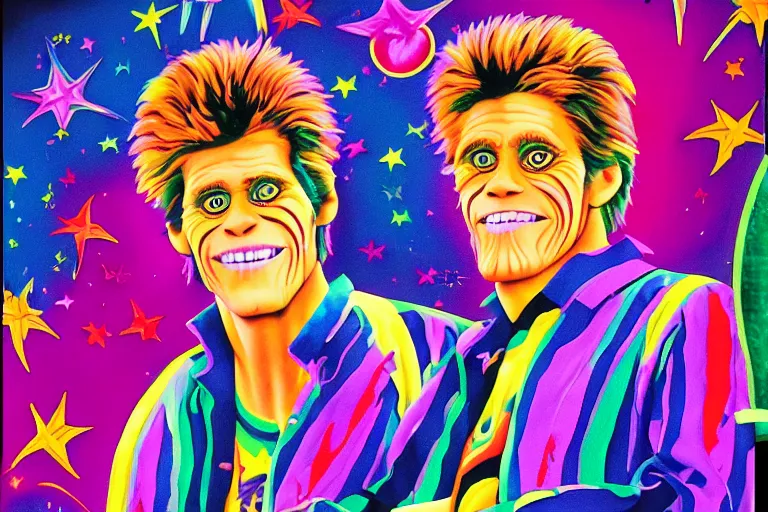 Image similar to lisa frank painting of willem dafoe at showbiz pizza 1 9 8 9