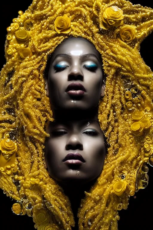 Image similar to hyperrealistic post - dada cinematic very expressive! profile black oshun goddess, in water!! up to shoulders, mirror dripping droplet!, gold flowers, highly detailed face, digital art masterpiece, smooth eric zener cam de leon, dynamic pearlescent turquoise light, low angle uhd 8 k, sharp focus