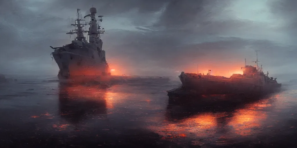 Image similar to abandoned warship in arctic, orange glow, puddles of water, by greg rutkowski and asher brown durand, atmospheric, wide shot, high definition, high detail, foreboding, artstation, foggy