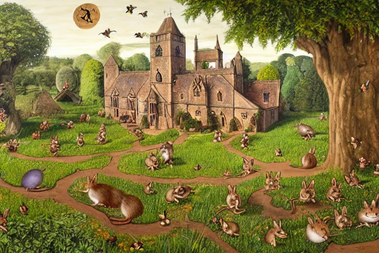 Prompt: an elaborate and dense painting of redwall abbey in mossflower wood with lots of mice and rabbits and otters walking around, detailed by brian jacques