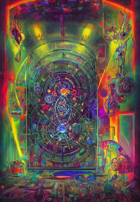 Image similar to colorful medical equipment, cameras, radiating, neon light mandala, portal, minimalist environment, by ryan stegman and hr giger and esao andrews and maria sibylla merian eugene delacroix, gustave dore, thomas moran, the movie the thing, pop art, biopunk, i'm the style of piet mondrian saturated