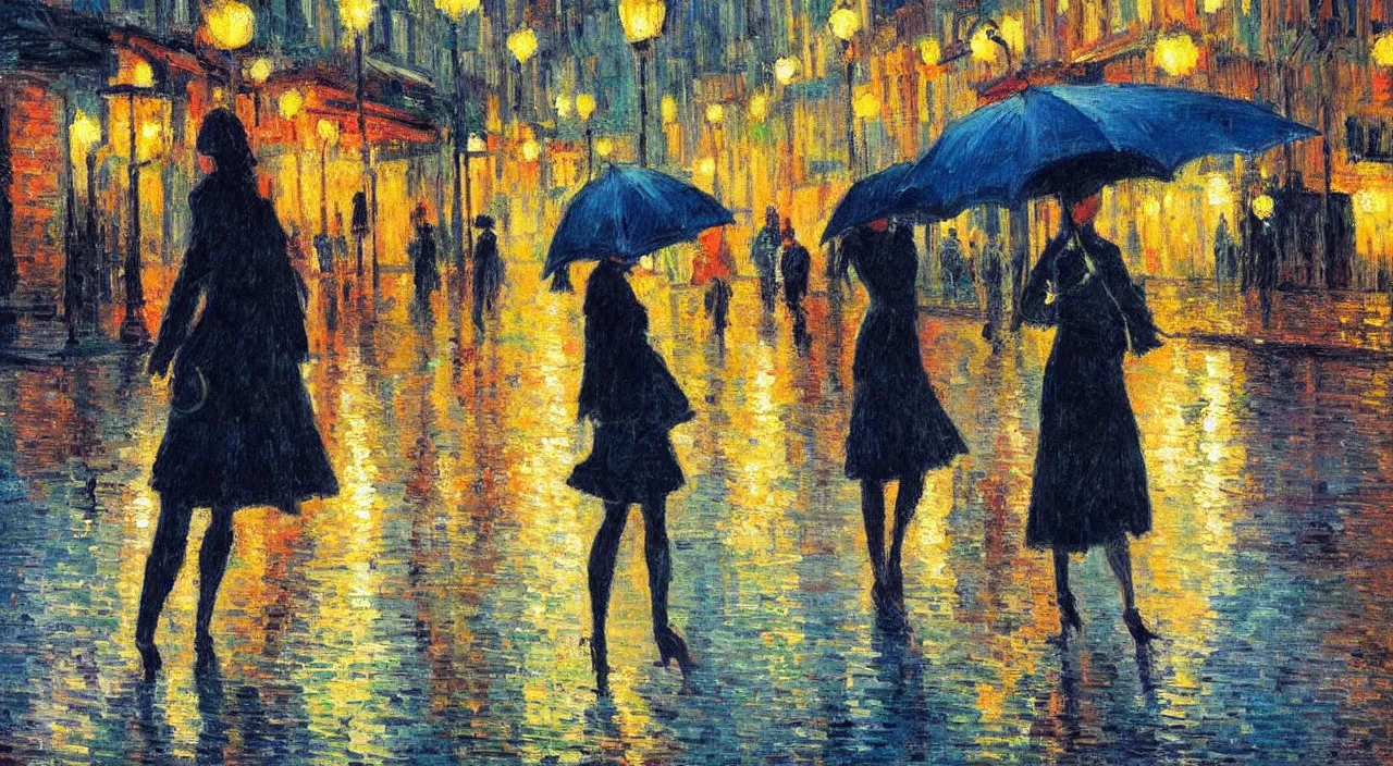 Prompt: evening city scene with young woman with umbrella. beautiful use of light and shadow to create a sense of depth and movement. post - impressionism, using energetic brushwork and a limited color palette, providing a distinctive look and expressive quality in a rhythmic composition
