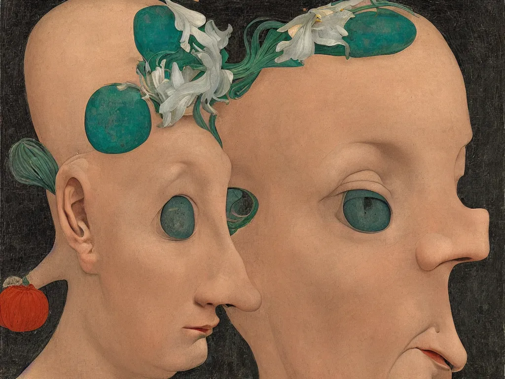 Image similar to portrait of a bald woman head, negative horse head with close up exotic iris flower. lapis - lazuli turquoise, malachite, cinnabar, earth brown painting by piero della francesca, balthus, agnes pelton