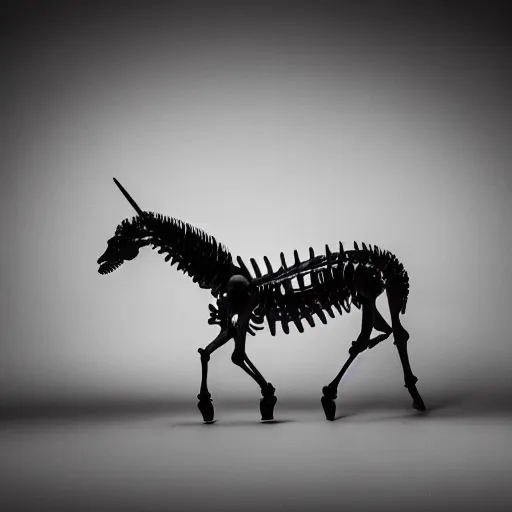 Prompt: an anatomical correct skeleton of a unicorn walking in a black room, photographed by andrew thomas huang
