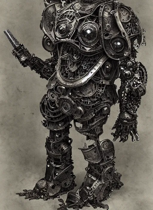 Image similar to old wetplate daguerreotype frame portrait of a futuristic silver armored evil dangerous horror knight district 9 cyborg, fractal, intricate, elegant, highly detailed, subsurface scattering, by jheronimus bosch and greg rutkowski and louis jacques mande daguerre