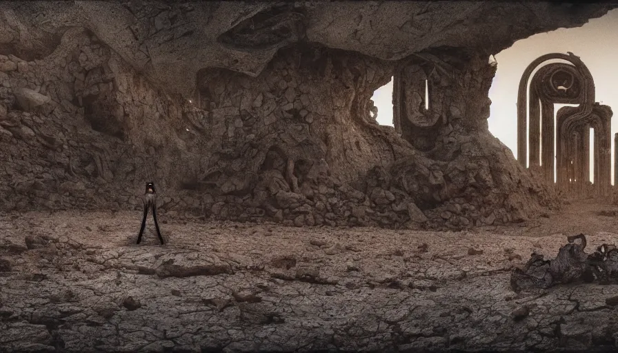 Prompt: levitating group of bene gesserit reflecting mask in a dry rocky desert landscape, alien city ruins designed by giger, giant abandoned alien city by christopher doyle and alejandro jodorowsky, anamorphic lens, kodakchrome, cinematic composition, very detailed photo, 8 k