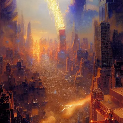 Prompt: stunning male master wizard destroying new york by his thunder spell, highly detailed painting by gaston bussiere, craig mullins, j. c. leyendecker, 8 k