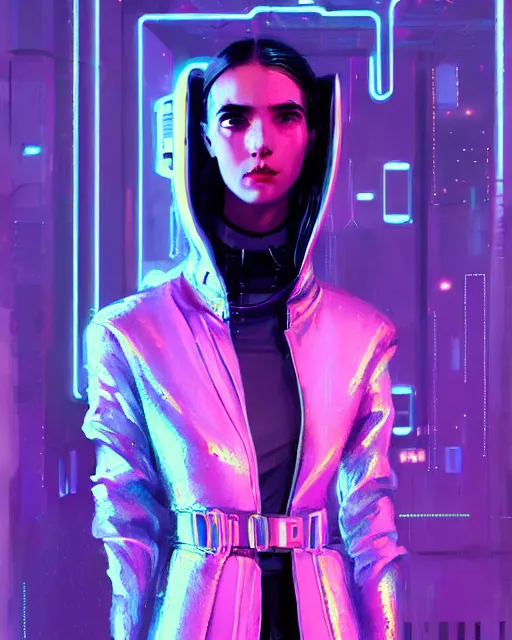 Prompt: detailed portrait of European Pretty Young Girl cyberpunk, neotokyo, synthwave, aesthetics, futuristic, low-emission-neon, bladerunner movie scene Sheen Holographic Jacket coat, Futuristic sci-fi fashion, royal attire by ismail inceoglu dragan bibin hans thoma greg rutkowski Alexandros Pyromallis Nekro Rene Margitte illustrated Perfect face, fine details, realistic shaded, fine-face, pretty face sharp chine