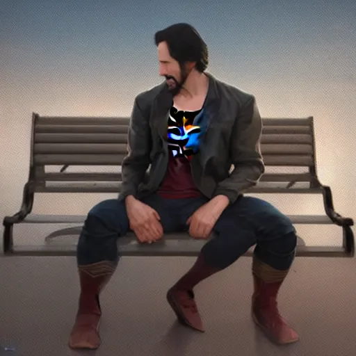 Prompt: a highly detailed matte painting of superman comforting a depressed keanu reeves on a park bench, art by artgerm and greg rutkowski and alphonse mucha, volumetric lighting, octane render, 4 k resolution, trending on artstation, masterpiece