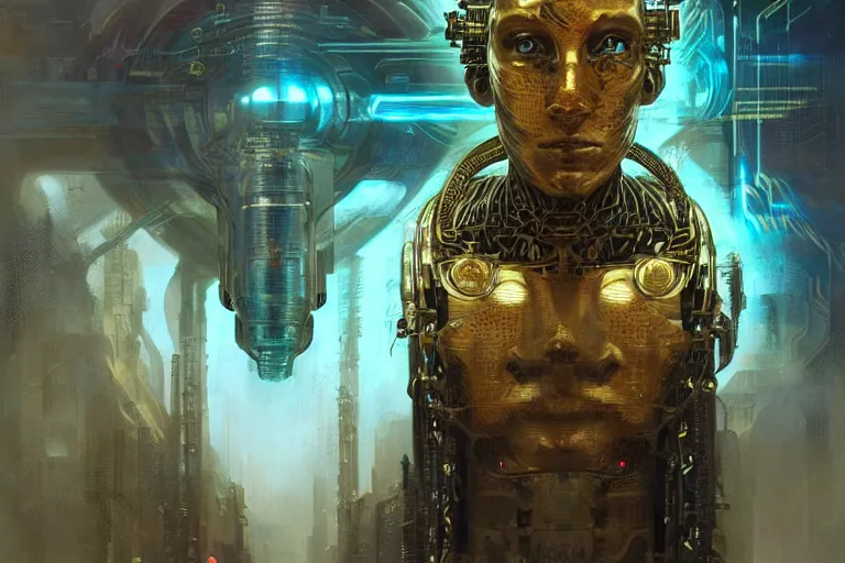 Image similar to A neofuturistic very highly detailed cyborg god with very highly detailed face in the African ghetto bar in a very highly detailed solarpunk sci-fi city digital rational painting art by Greg Rutkowski, sci-fi highly detailed, digital concept art, Dimensional cyan gold natural light, sharp focus, Golden Ratio illustration, realistic concept art by Stephen Hickman and James Gurney and Hiromasa Ogura Ghost in the Shell rendered in Octane Render, From the distance