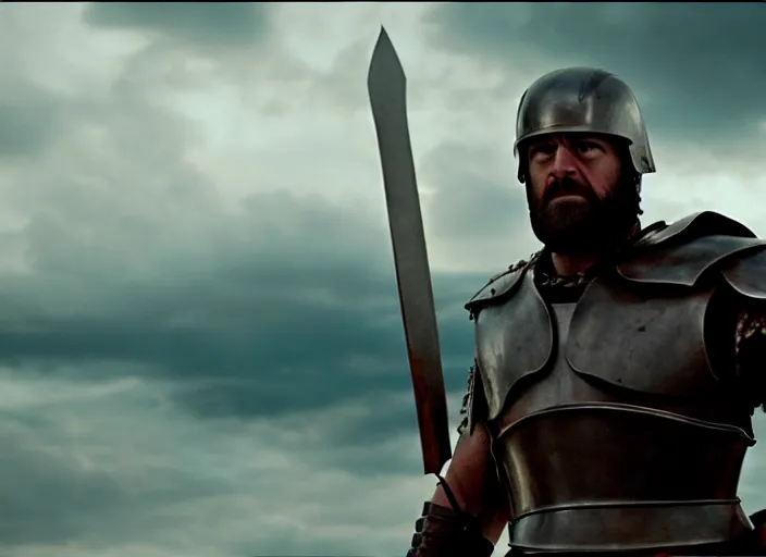 Prompt: cinematic film still of joe biden as leonidas charging into battle in 3 0 0 movie, 8 k, epic moody sky, dramatic lighting