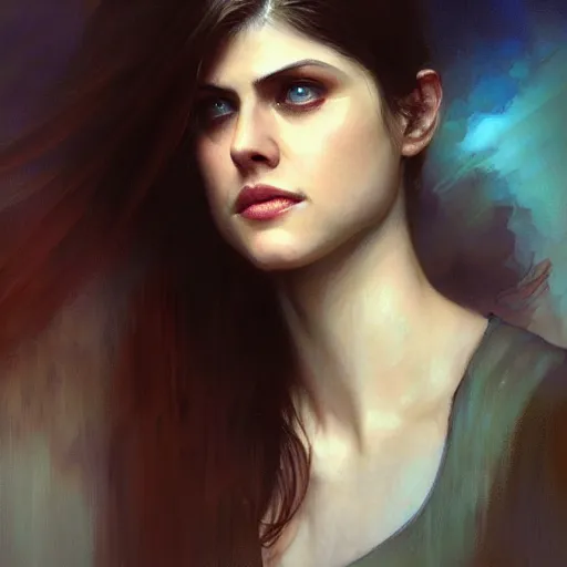 Image similar to alexandra daddario, hyperrealistic portrait, bladerunner street alley, art of elysium by frank frazetta and by jeremy mann and by alphonse mucha, fantasy art, photo realistic, dynamic lighting, artstation, full figure poster, volumetric lighting, very detailed face, 4 k, award winning